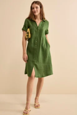 Abito Chemisier in Lino con Manica Corta - VERDE