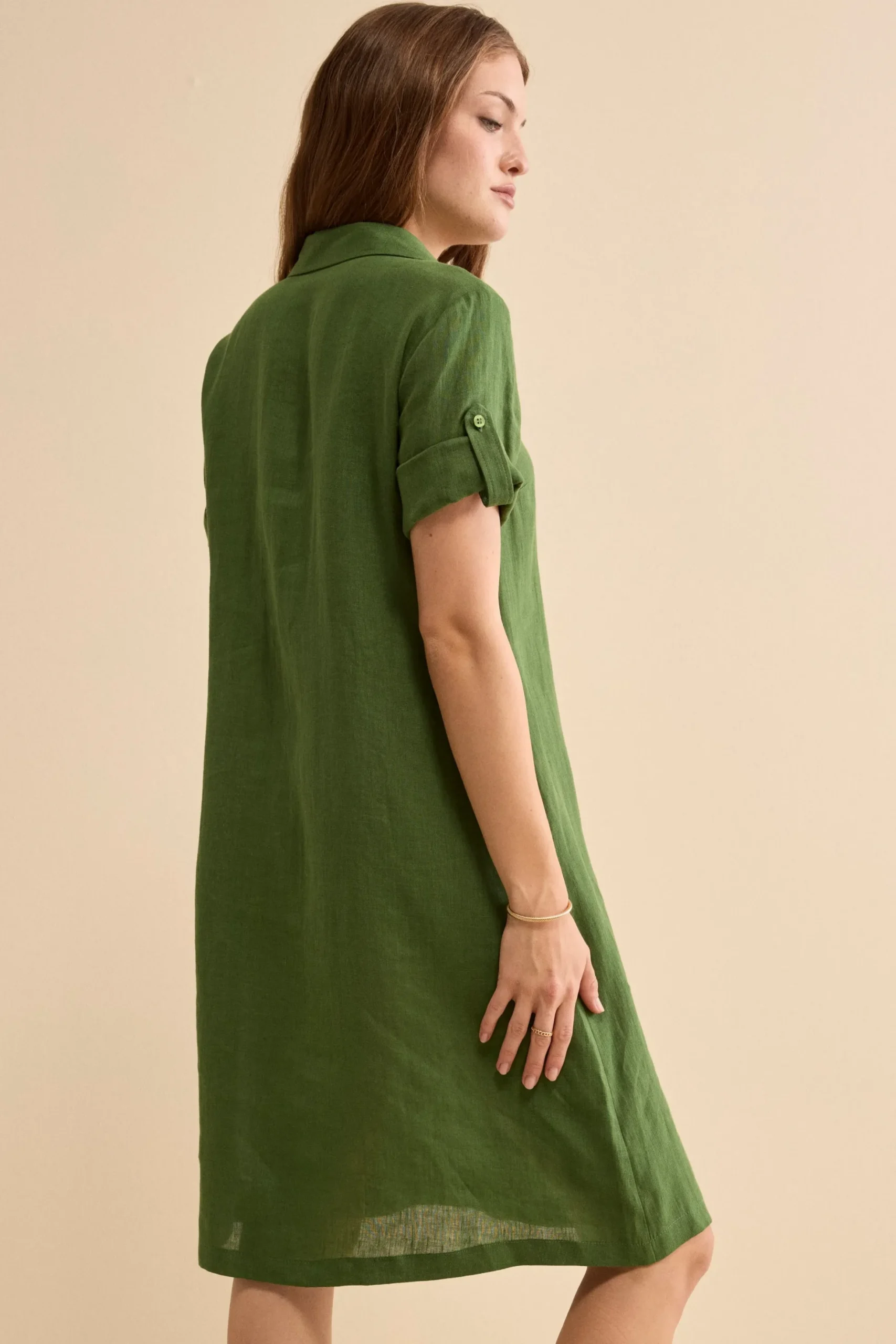 Abito Chemisier in Lino con Manica Corta - VERDE