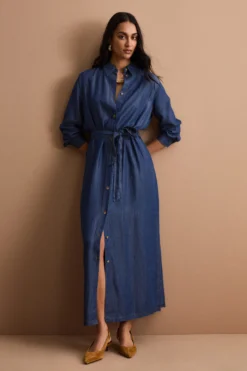 Abito Chemisier Lungo con Cintura in Denim - DENIM