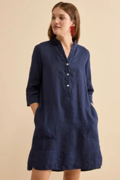 Abito Chemisier Midi in Lino con Collo Coreana - NAVY