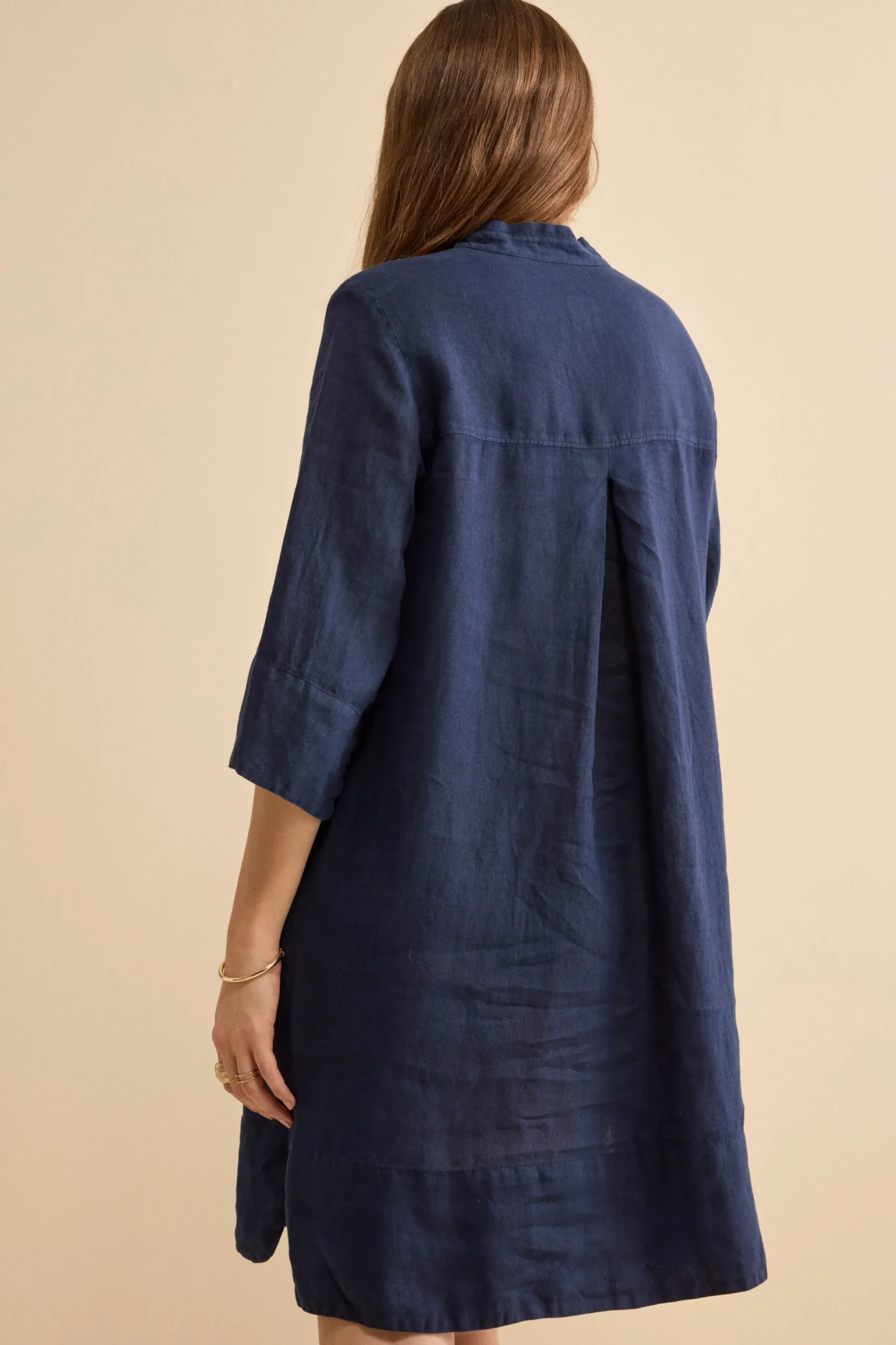 Abito Chemisier Midi in Lino con Collo Coreana - NAVY