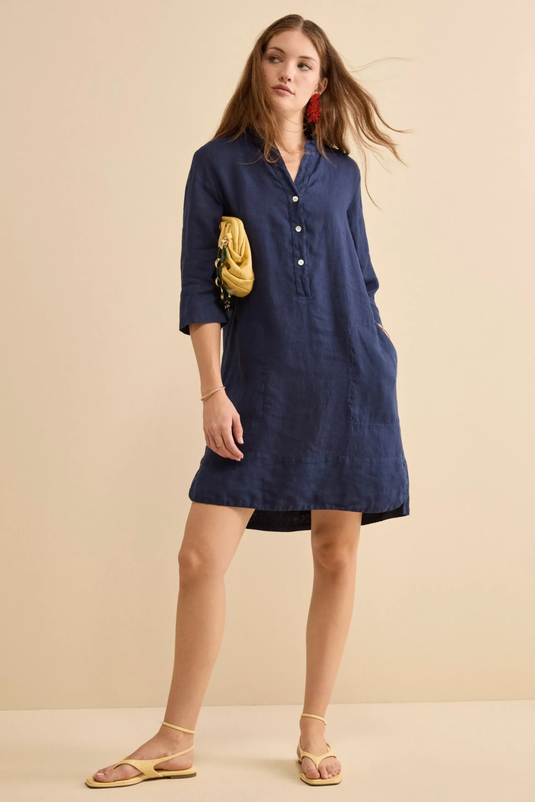 Abito Chemisier Midi in Lino con Collo Coreana - NAVY