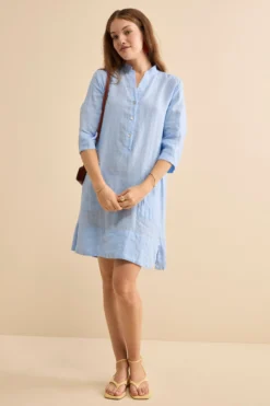 Abito Chemisier Midi in Lino con Collo Coreana - AZZURRO