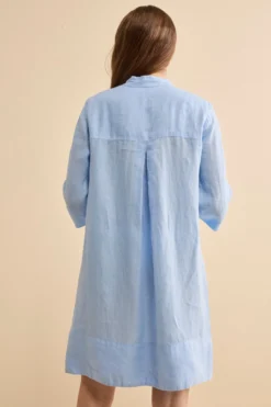 Abito Chemisier Midi in Lino con Collo Coreana - AZZURRO