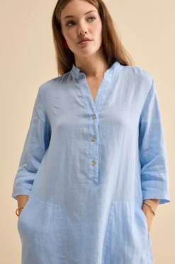 Abito Chemisier Midi in Lino con Collo Coreana - AZZURRO