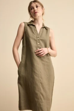 Abito Chemisier Smanicato in Lino - VERDE MILITARE