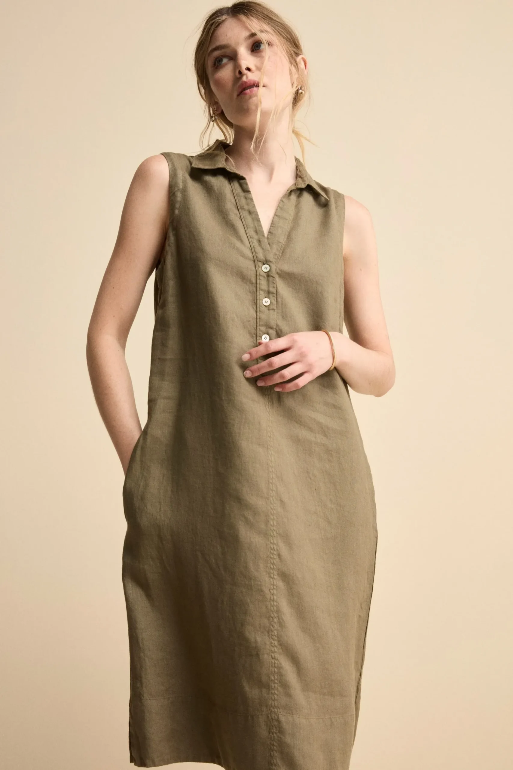 Abito Chemisier Smanicato in Lino - VERDE MILITARE