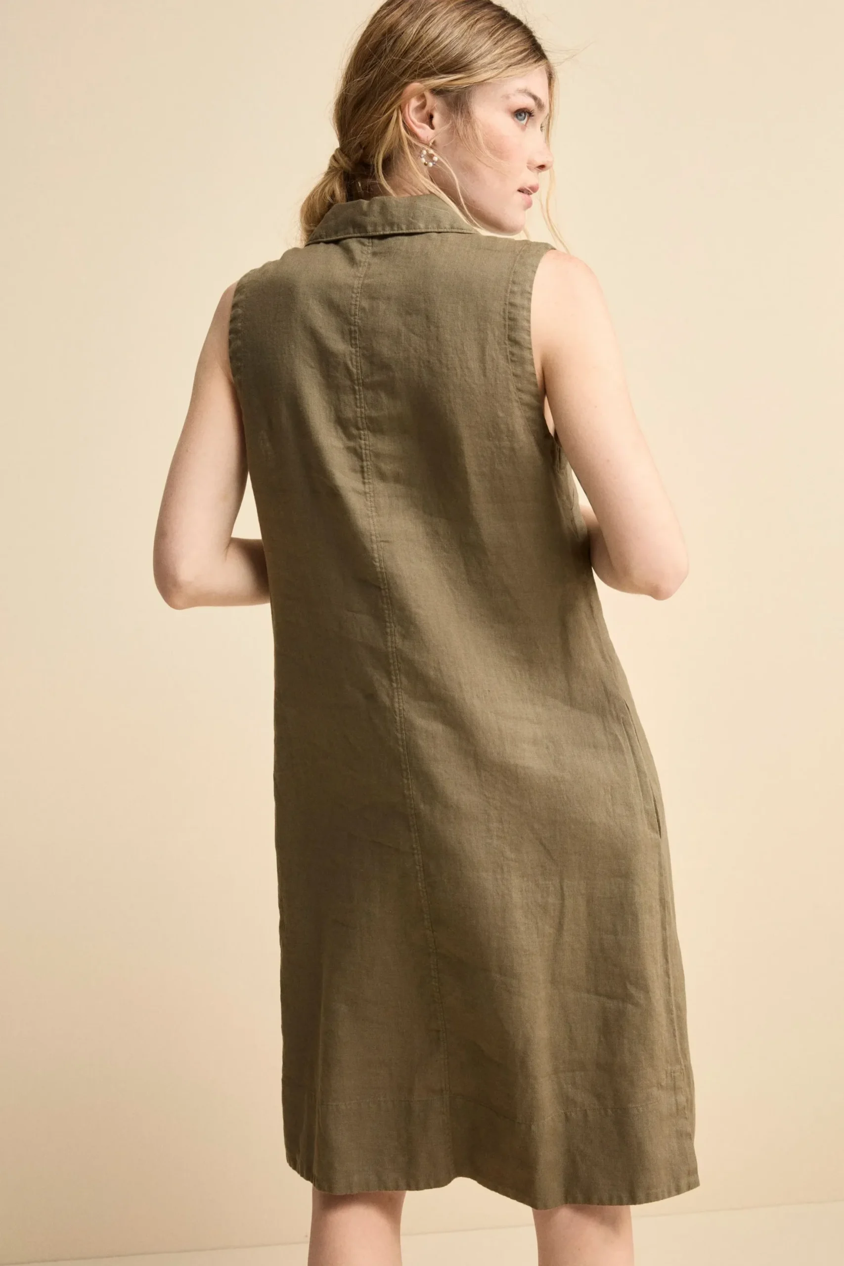 Abito Chemisier Smanicato in Lino - VERDE MILITARE