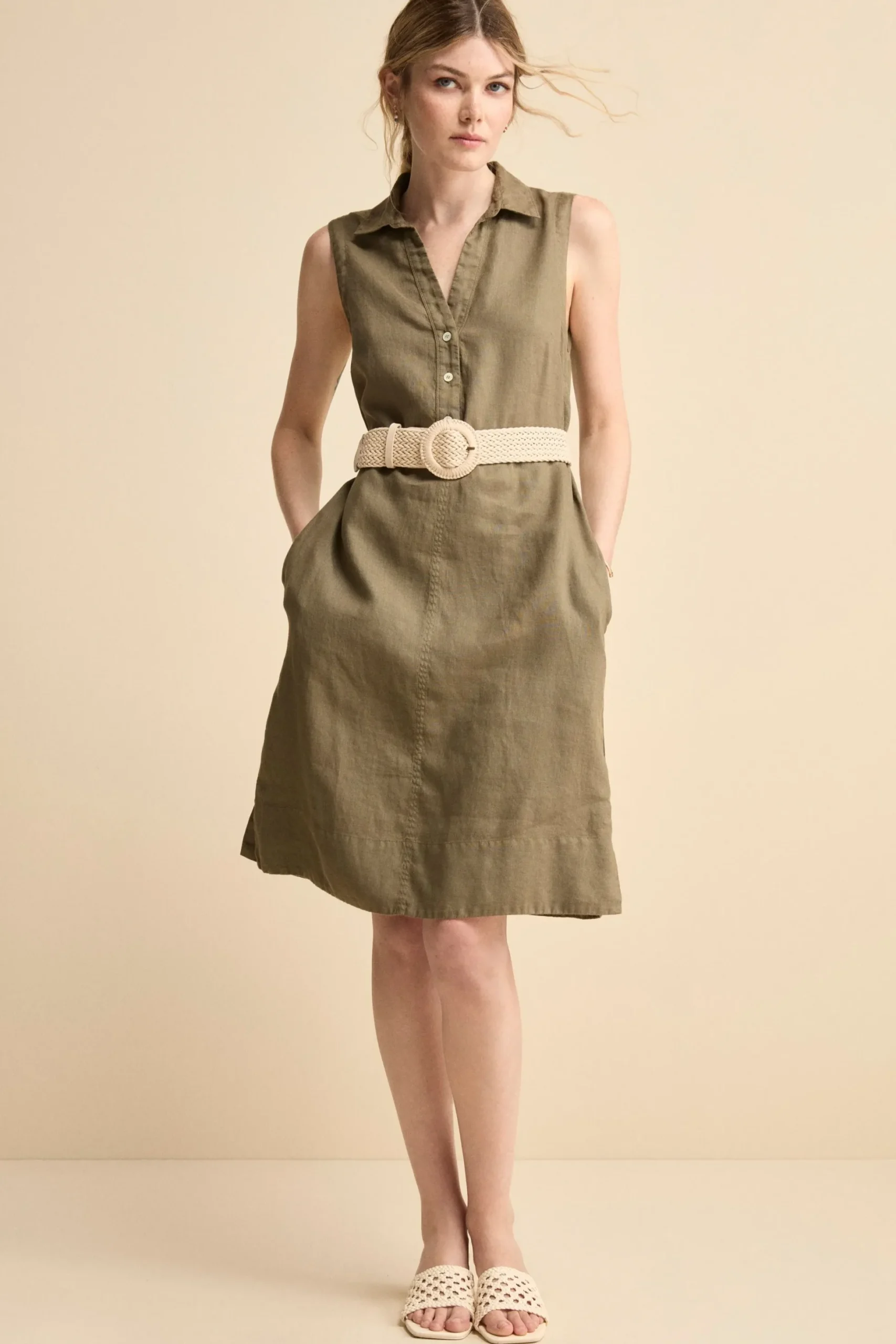 Abito Chemisier Smanicato in Lino - VERDE MILITARE