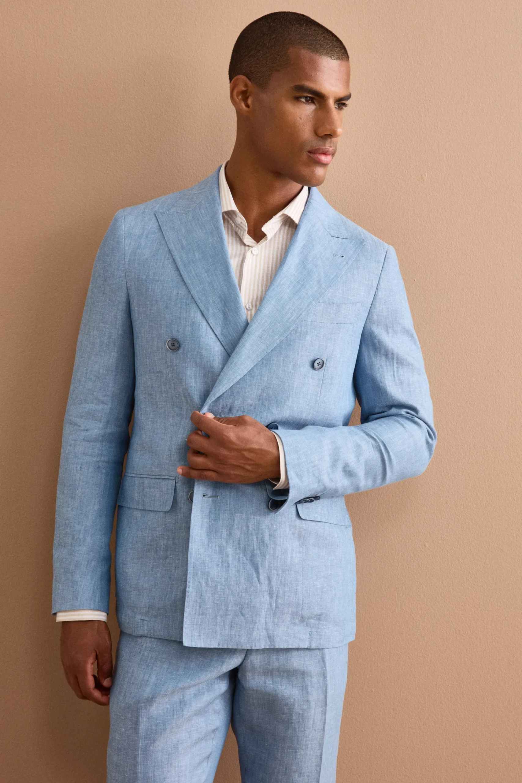 Abito Doppiopetto Slim Fit in Lino Melange - CIELO
