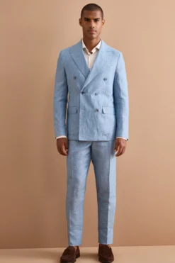 Abito Doppiopetto Slim Fit in Lino Melange - CIELO