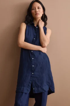 Abito Midi Smanicato Chemisier in Lino - NAVY