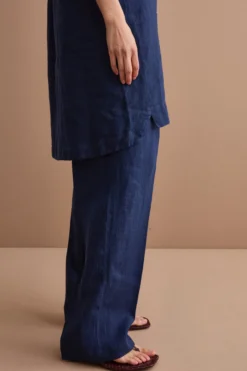 Abito Midi Smanicato Chemisier in Lino - NAVY