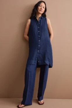 Abito Midi Smanicato Chemisier in Lino - NAVY