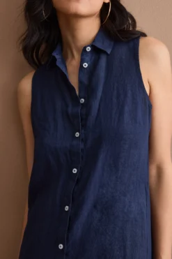 Abito Midi Smanicato Chemisier in Lino - NAVY