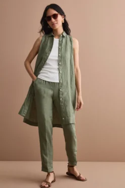Abito Midi Smanicato Chemisier in Lino - VERDE MILITARE