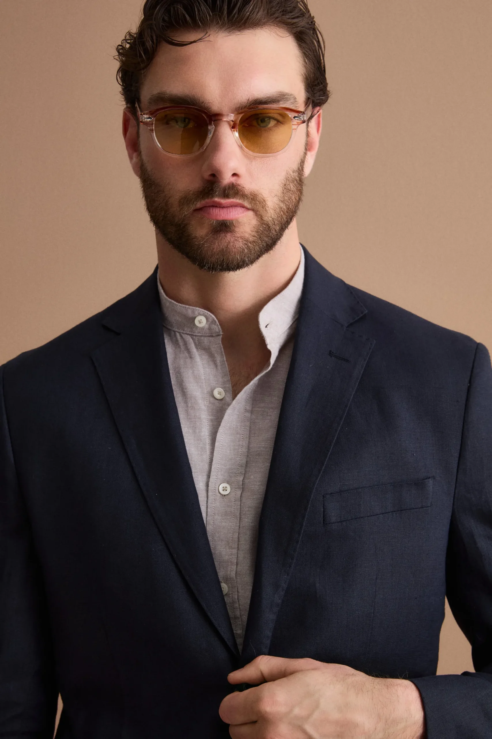 Abito Regular Fit Monopetto in Lino - NAVY