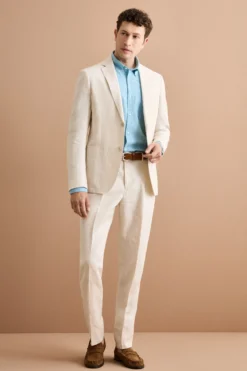 Abito Slim Fit Monopetto Semifoderato in Lino Melange - BEIGE