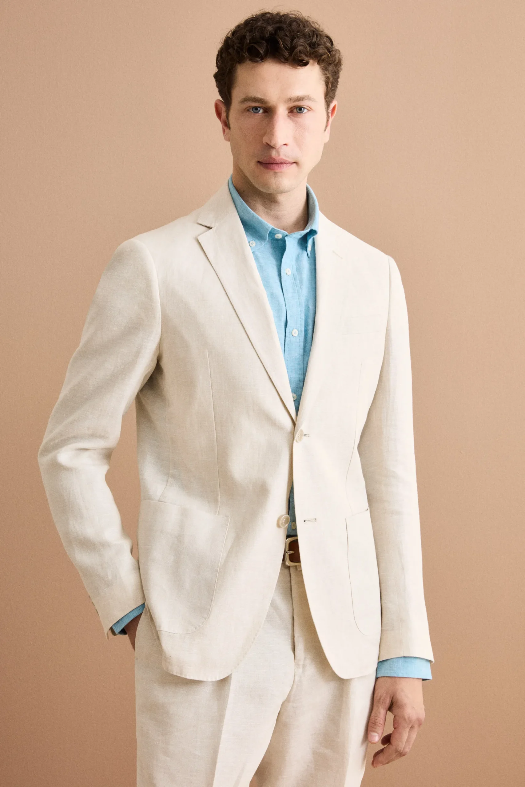 Abito Slim Fit Monopetto Semifoderato in Lino Melange - BEIGE