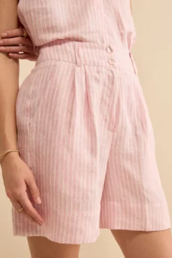 Bermuda in Lino a Righe con Bottoni - ROSA RIGATO