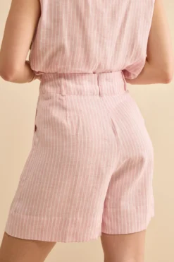 Bermuda in Lino a Righe con Bottoni - ROSA RIGATO