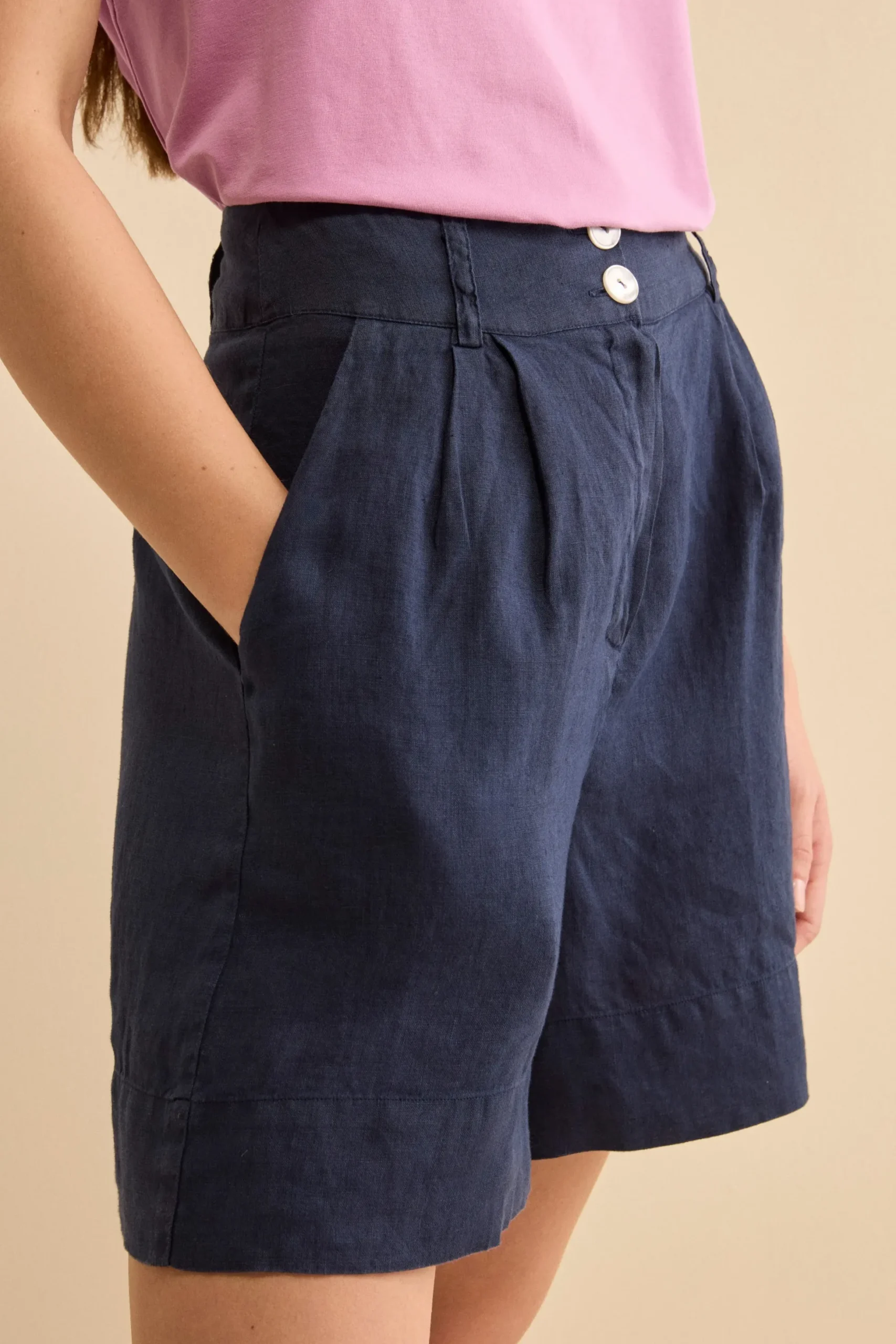Bermuda in Lino con Bottoni - NAVY