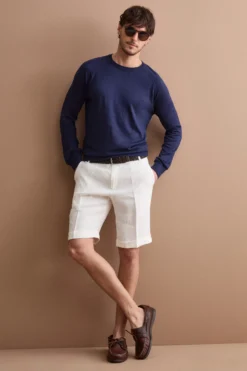 Bermuda Uomo in Lino Regular Fit con Risvolto - PANNA