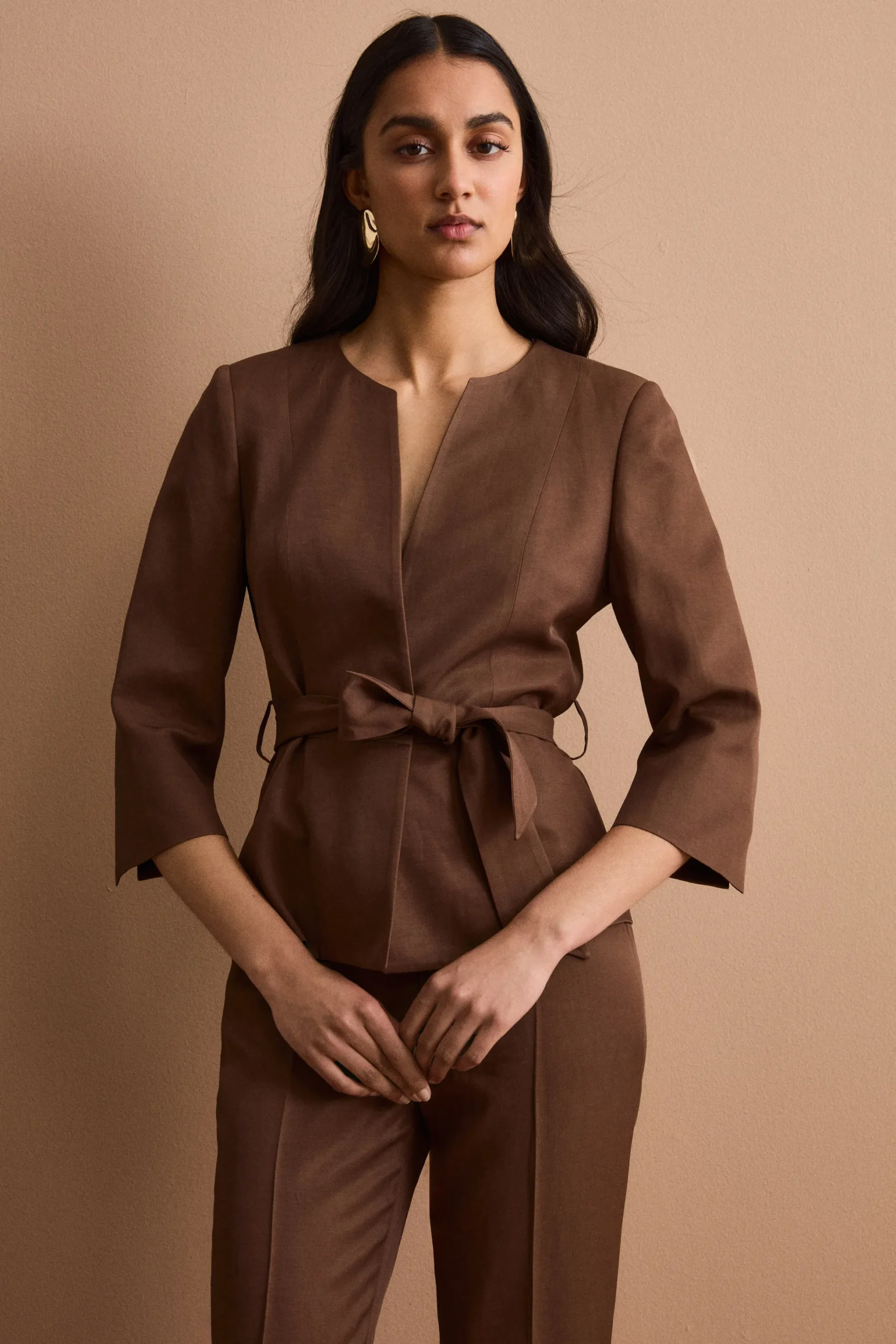Blazer Foderato da Cerimonia in Raso con Cintura - CIOCCOLATO
