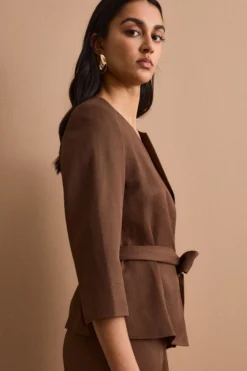 Blazer Foderato da Cerimonia in Raso con Cintura - CIOCCOLATO