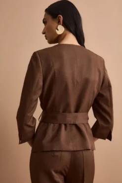 Blazer Foderato da Cerimonia in Raso con Cintura - CIOCCOLATO