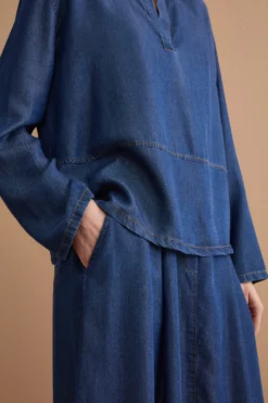 Blusa Denim Over con Colletto a Camicia - DENIM