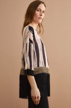 Blusa in Fantasia Jacquard con Passamaneria e Frange - FANT. ORO