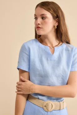 Blusa Morbida Girocollo in Lino - AZZURRO