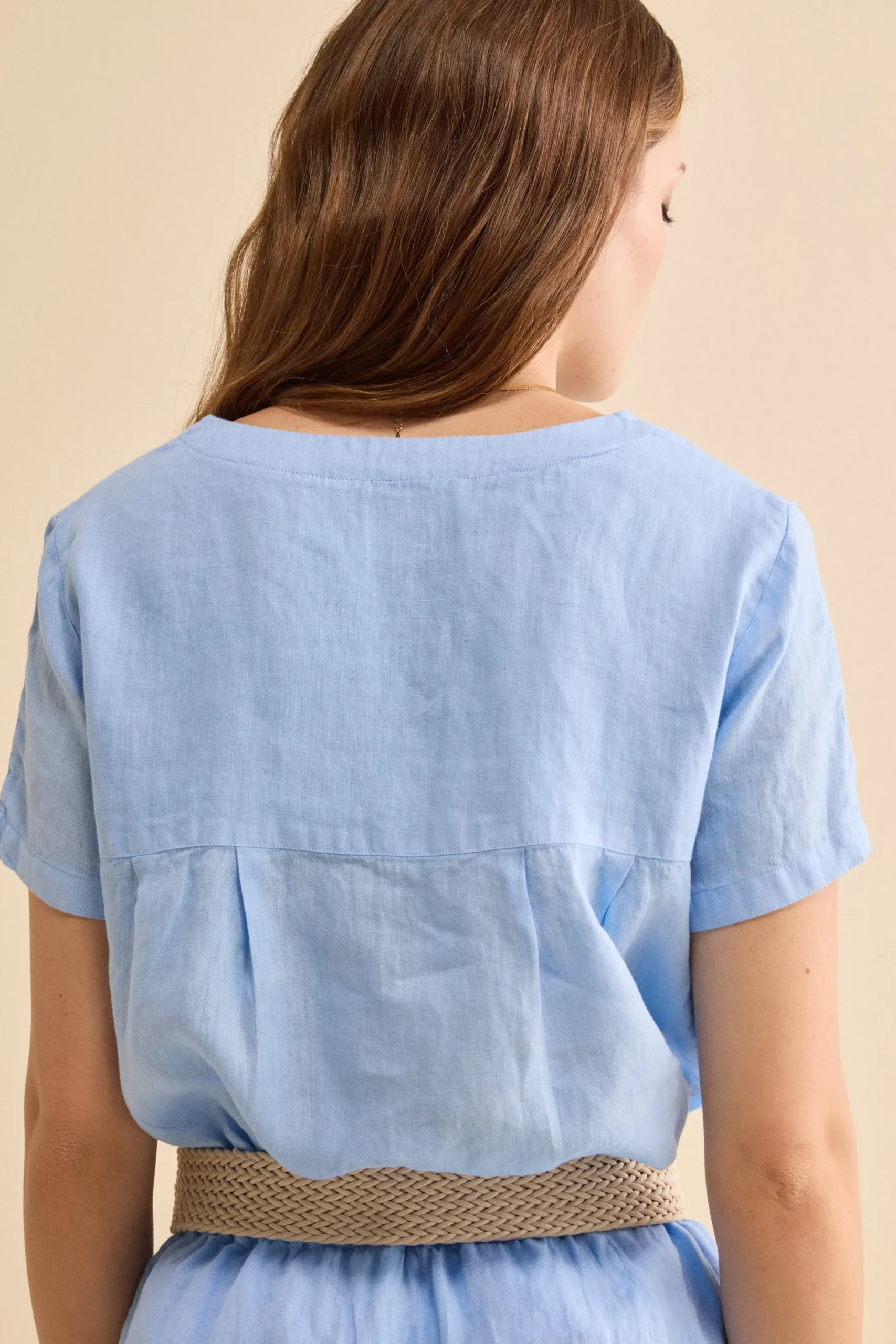 Blusa Morbida Girocollo in Lino - AZZURRO