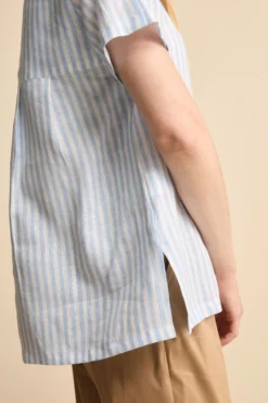 Blusa Over Girocollo in Lino - AZZURRO RIGATO