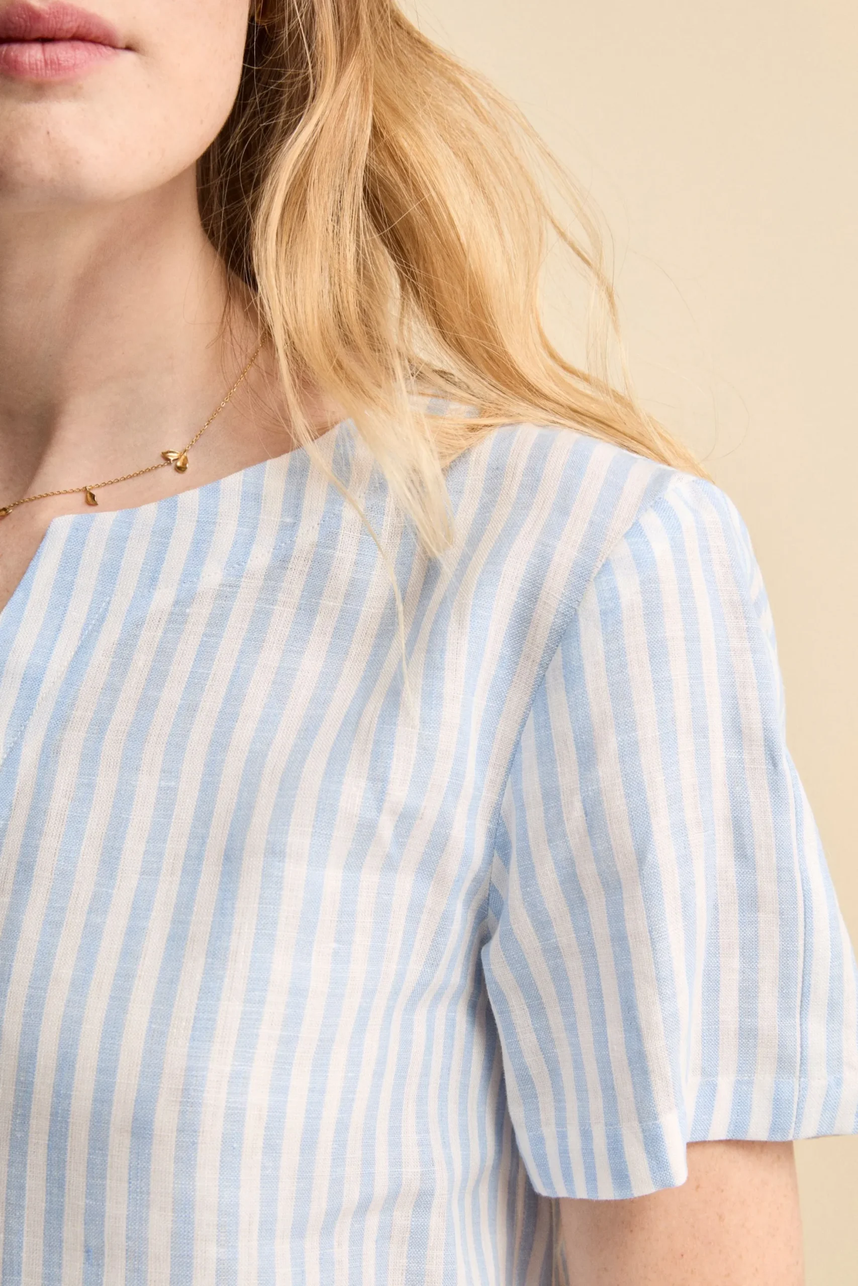 Blusa Over Girocollo in Lino - AZZURRO RIGATO