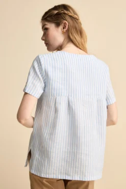 Blusa Over Girocollo in Lino - AZZURRO RIGATO
