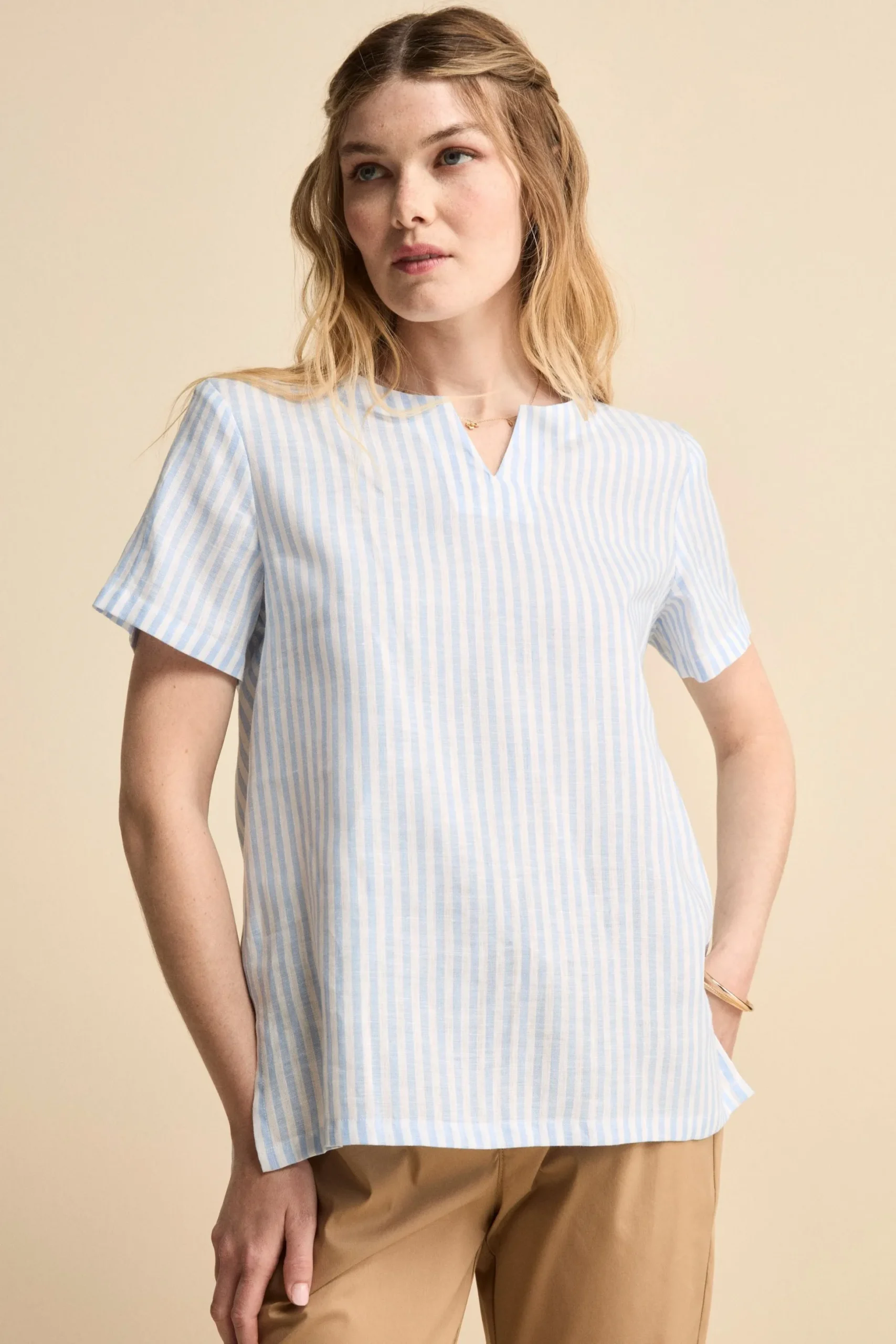 Blusa Over Girocollo in Lino - AZZURRO RIGATO