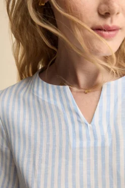 Blusa Over Girocollo in Lino - AZZURRO RIGATO