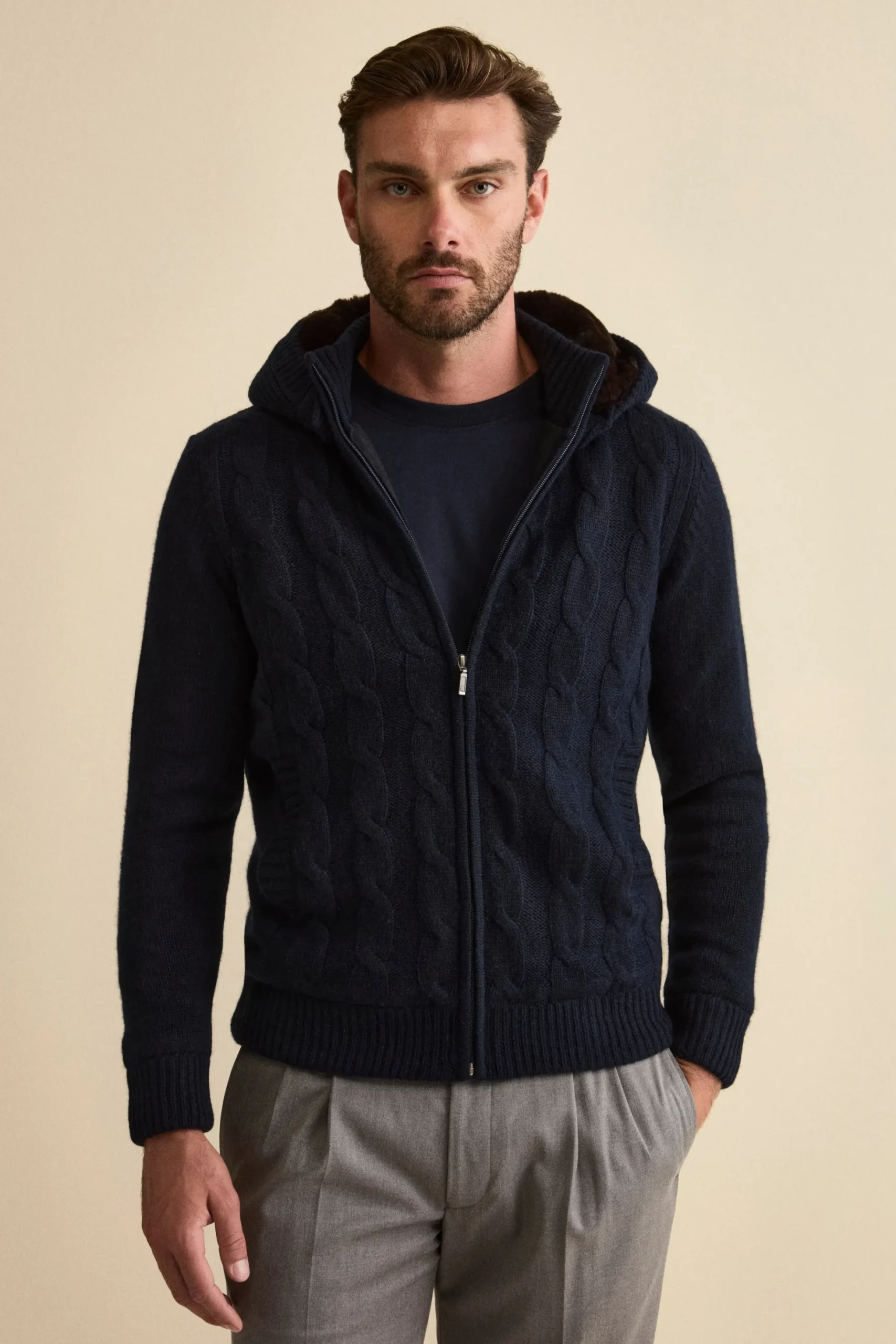 Bomber in Cashmere con Cappuccio e Pelliccia - BLU