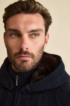 Bomber in Cashmere con Cappuccio e Pelliccia - BLU