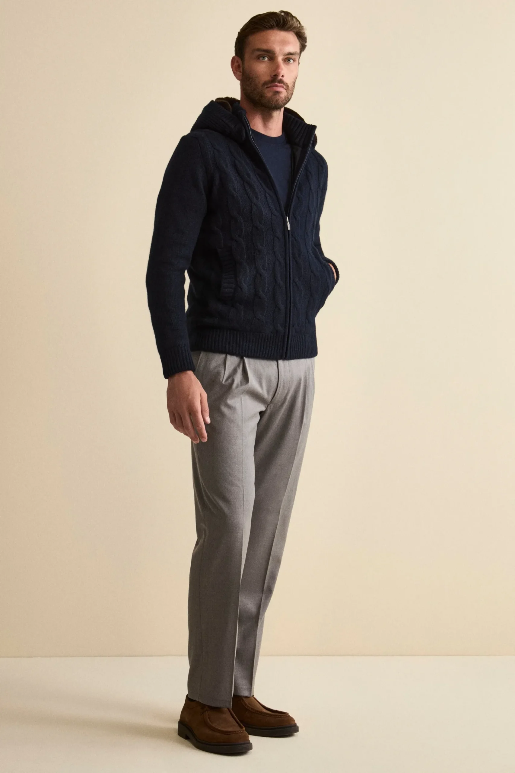 Bomber in Cashmere con Cappuccio e Pelliccia - BLU