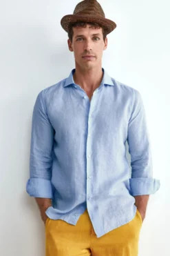 Camicia azzurra in Lino Slim Fit - AZZURRO