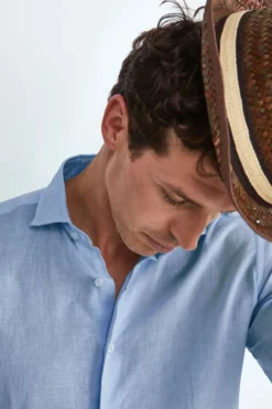 Camicia azzurra in Lino Slim Fit - AZZURRO