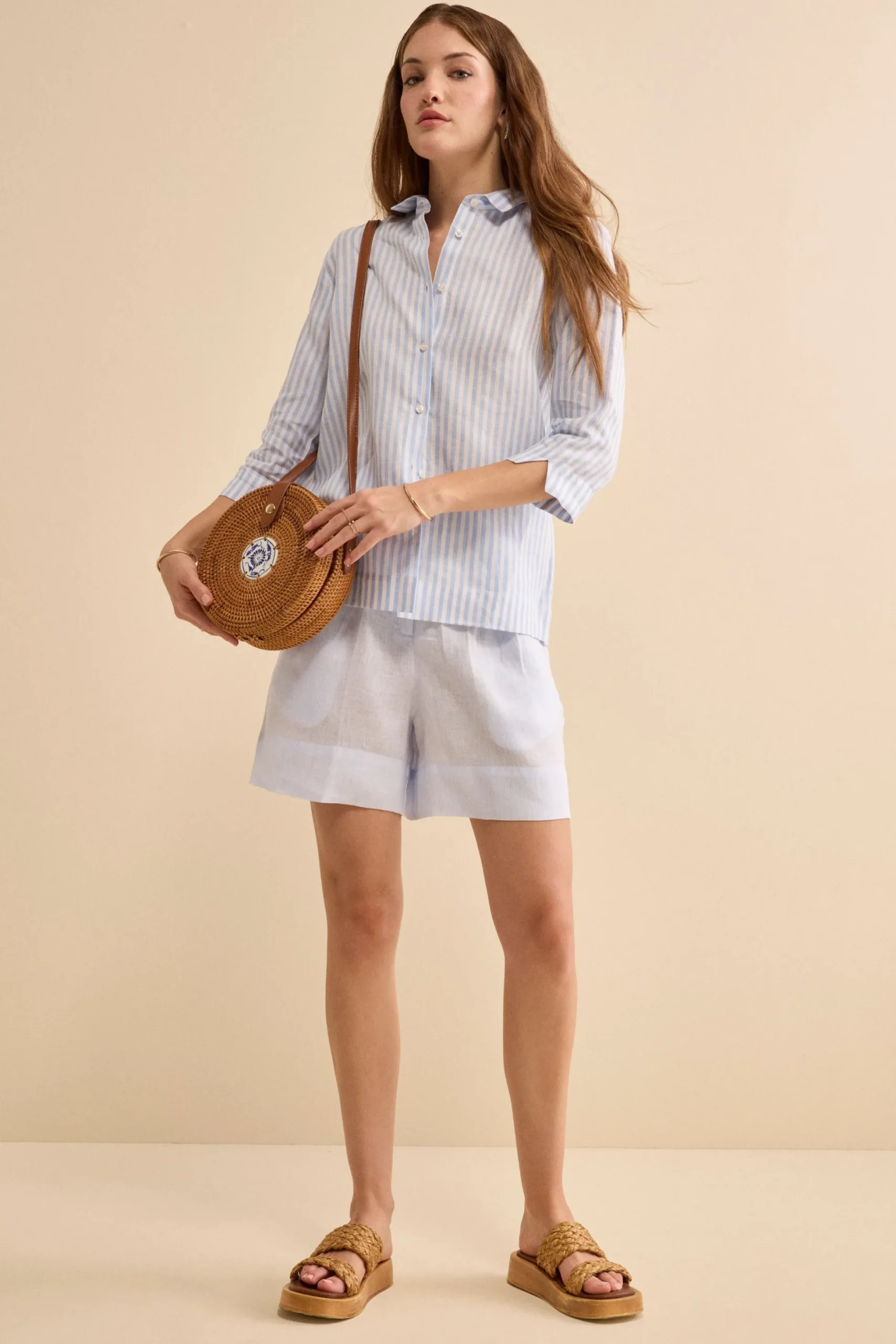 Camicia Boxy a Righe in Lino - AZZURRO RIGATO