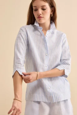 Camicia Boxy a Righe in Lino - AZZURRO RIGATO