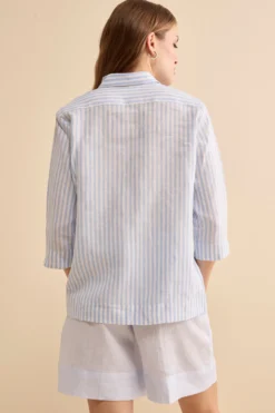 Camicia Boxy a Righe in Lino - AZZURRO RIGATO