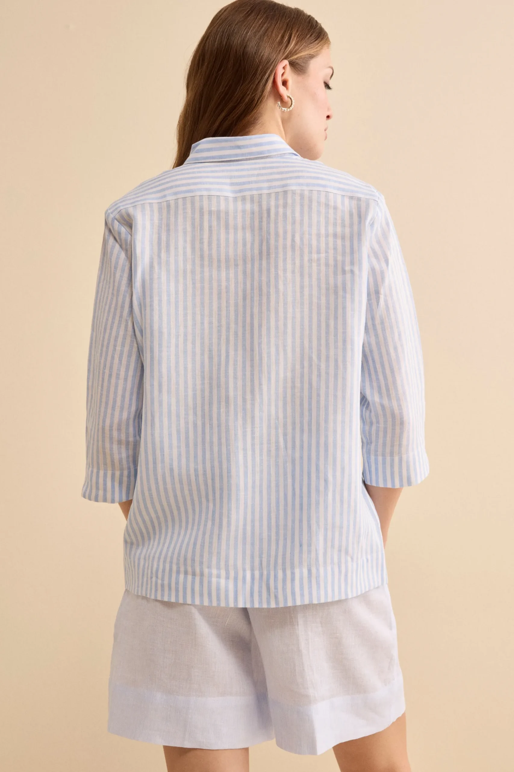 Camicia Boxy a Righe in Lino - AZZURRO RIGATO