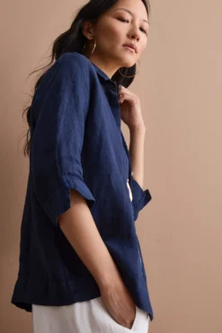Camicia Boxy Morbida in Lino - NAVY