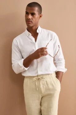 Camicia Button Down in Misto Lino Custom Fit - BIANCO